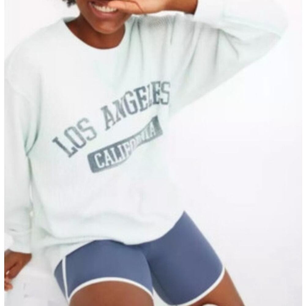 Aerie Womens Long Sleeve Waffle Knit Sweatshirt L Blue Green Graphic Loungewear